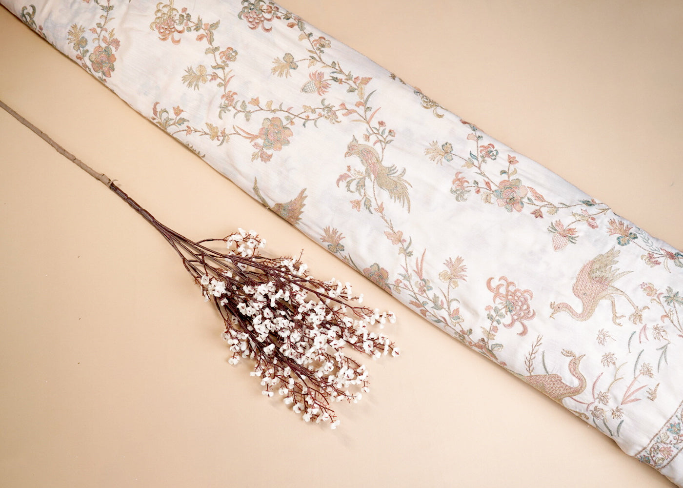 White Satin Fabric With All Over Thread And Swarovski Work With One Side Border 16869