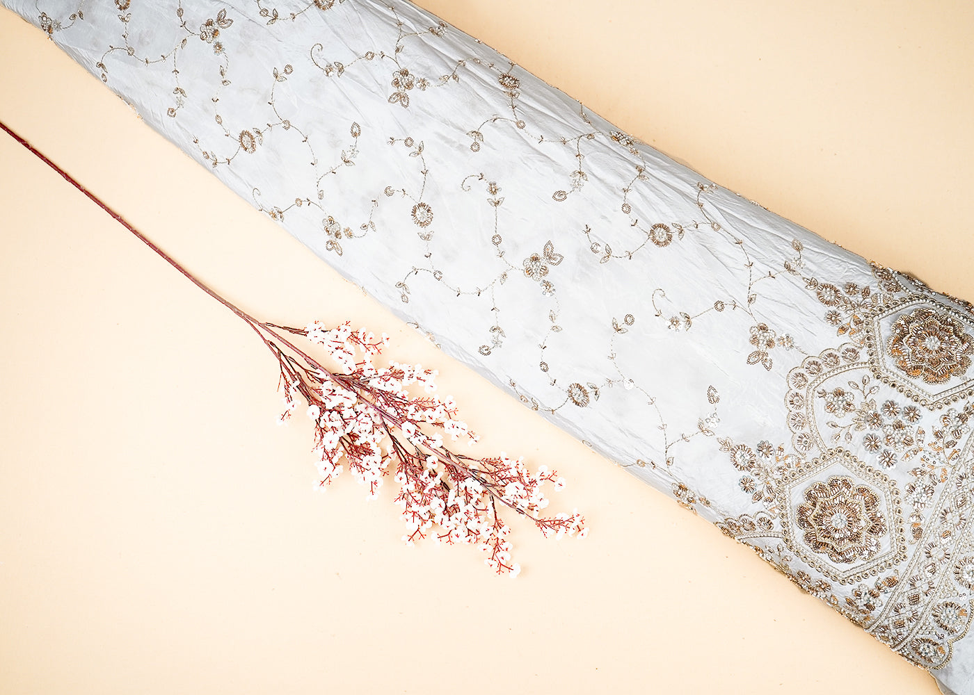 White Crepe Fabric With All Over Zari, Bead And Sequins Work With One Side Border 16870