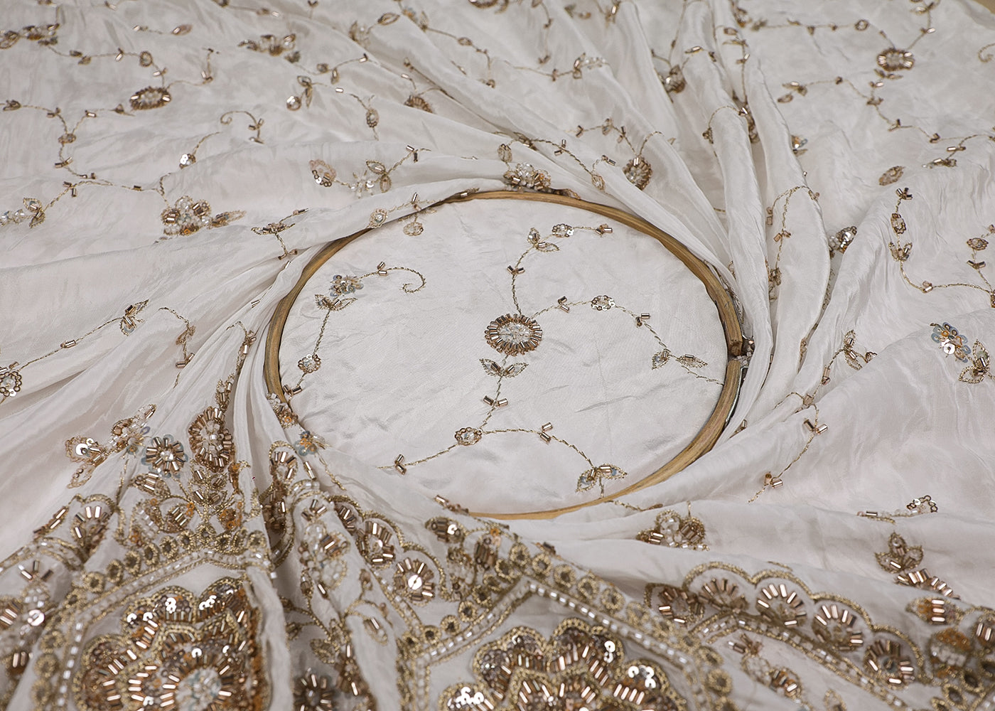 White Crepe Fabric With All Over Zari, Bead And Sequins Work With One Side Border 16870