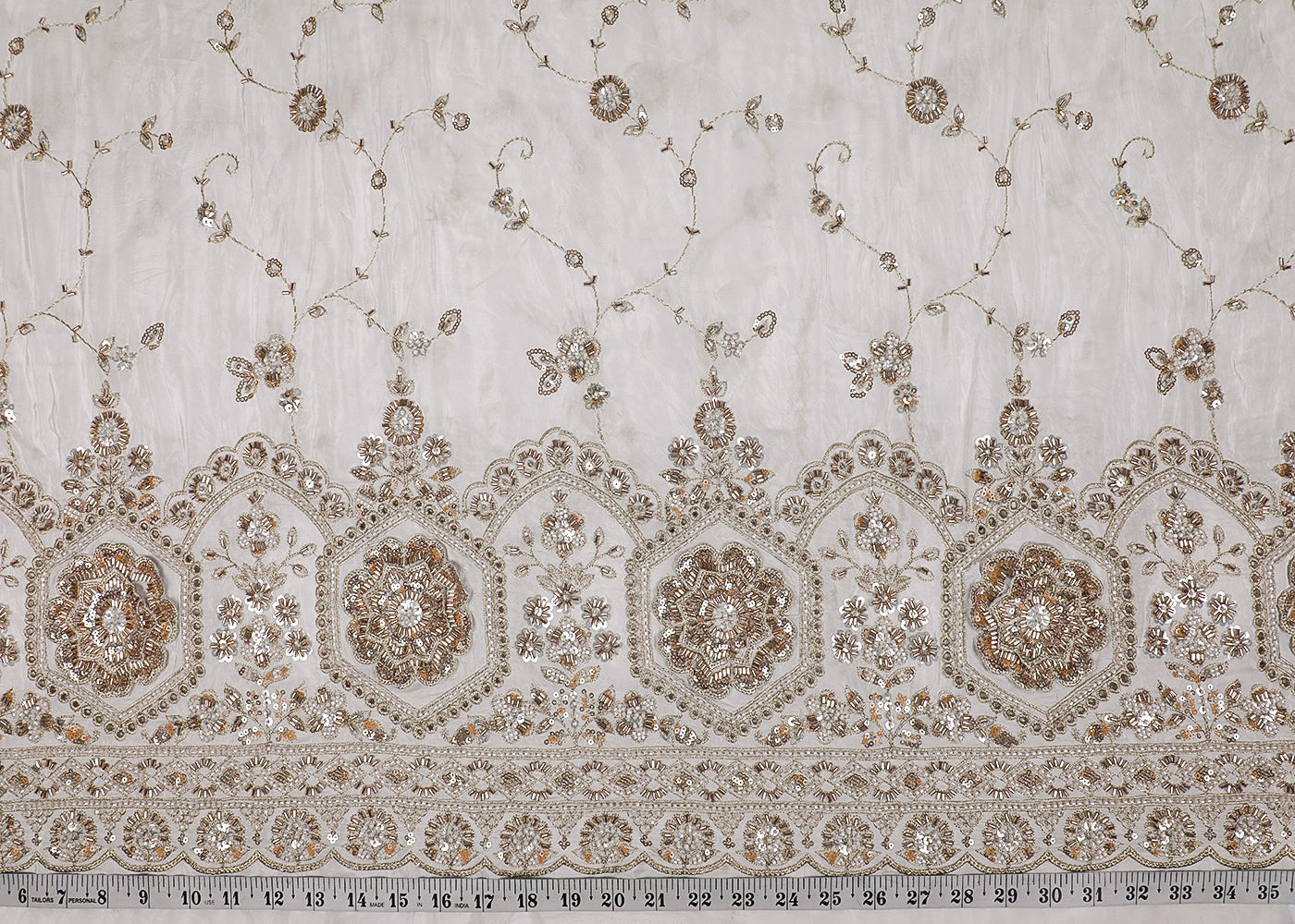 White Crepe Fabric With All Over Zari, Bead And Sequins Work With One Side Border 16870