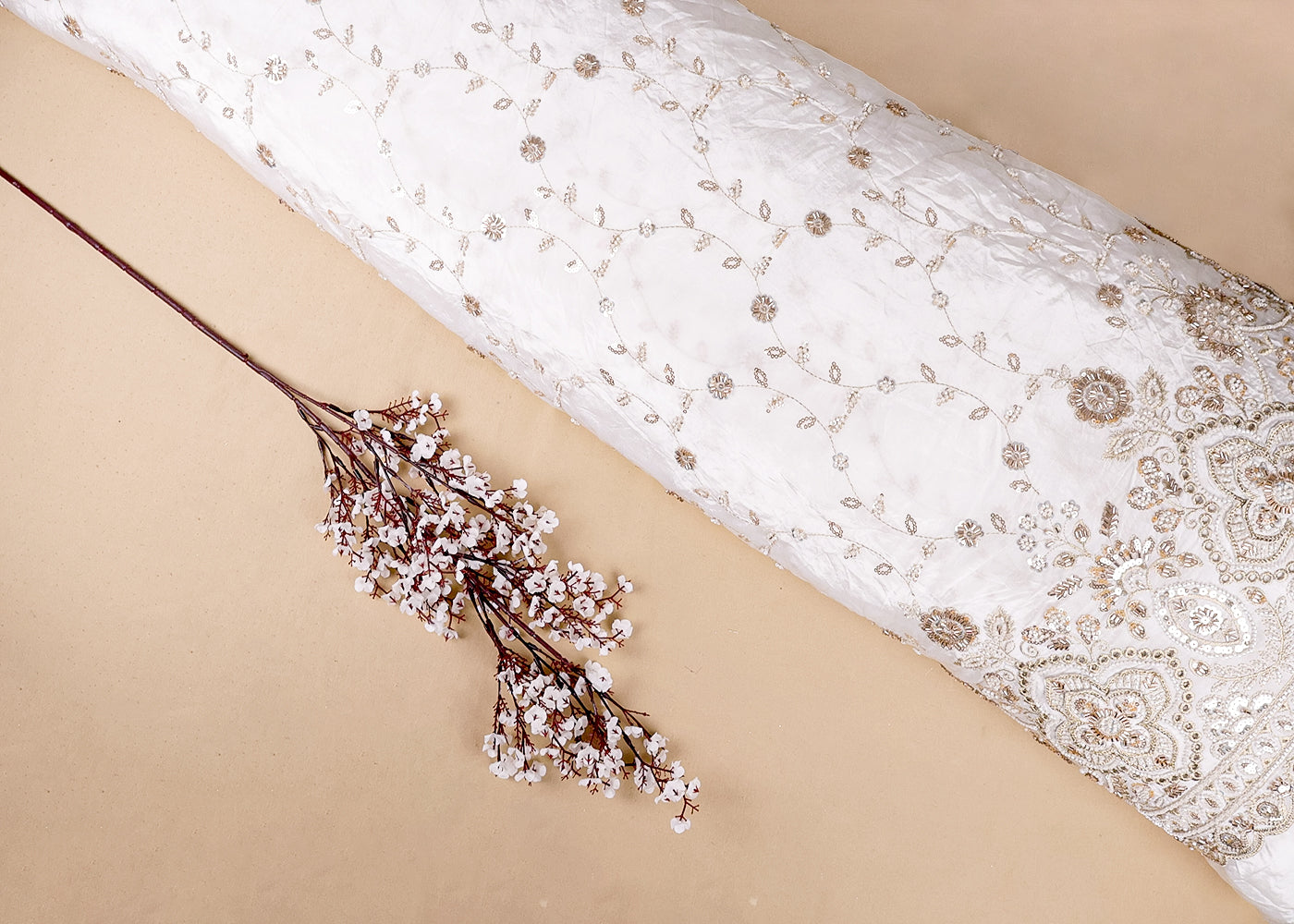 White Crepe Fabric With All Over Zari, Sequins, Katdana And Bead Work 16871