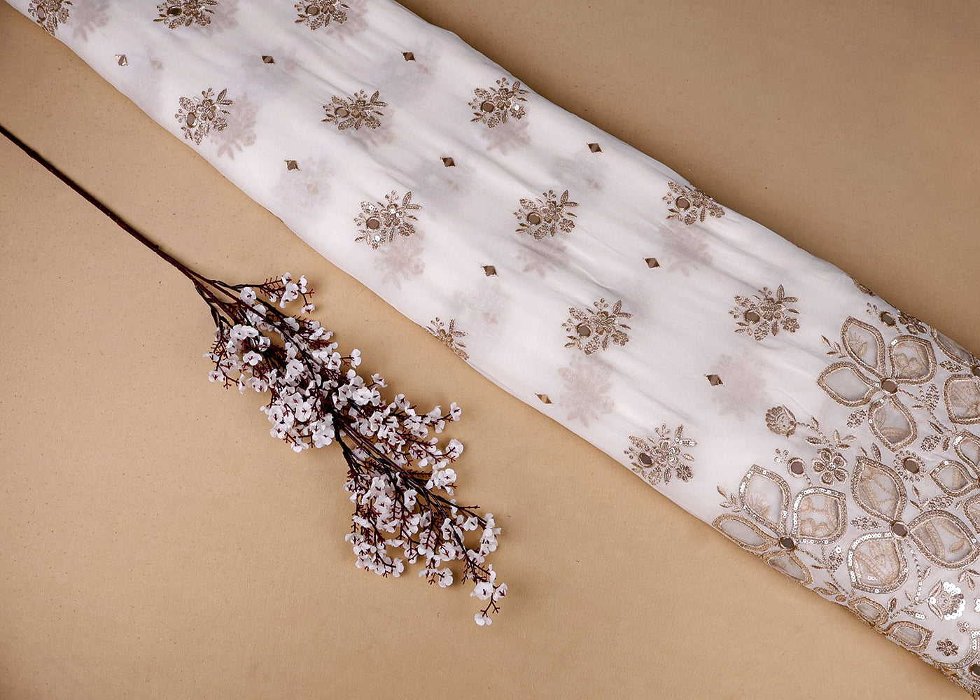 White Georgette Fabric With All Over Zari, Sequins, Faux Mirror And Net Cutwork 16880