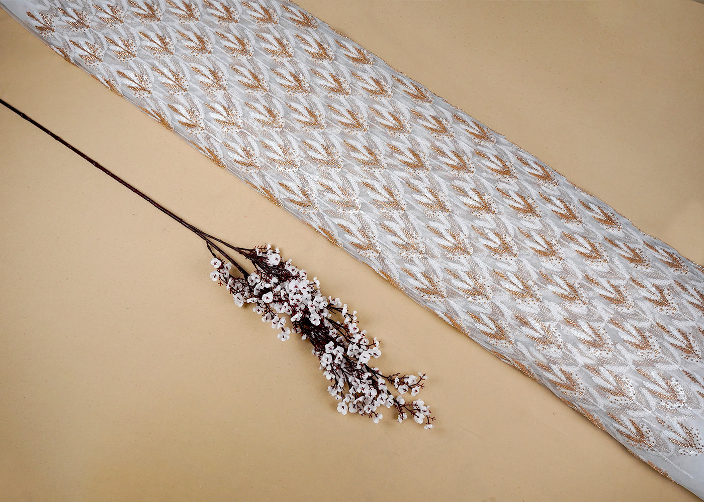 White Imported Net Fabric With All Over Sequins And Katdana Work 16881