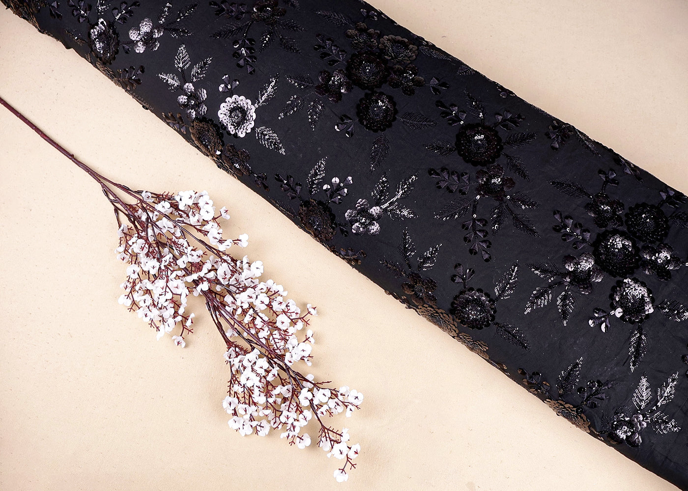 Black Georgette Fabric With All Over Sequins Work 16884
