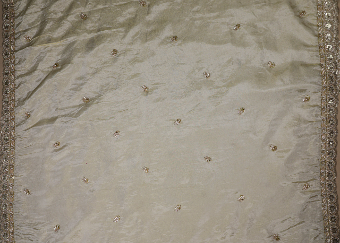 Golden Tissue Fabric With All Over Zari, Sequins And Bead Buti And Two Side Border 16886