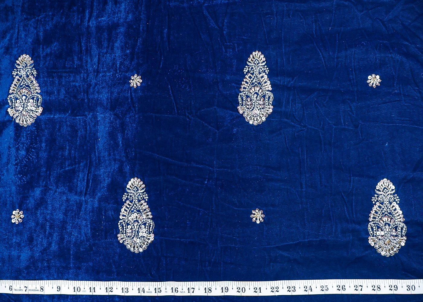 Teal Blue Velvet Fabric With All Over Zari, Sequins, Katdana And Bead Work 16888