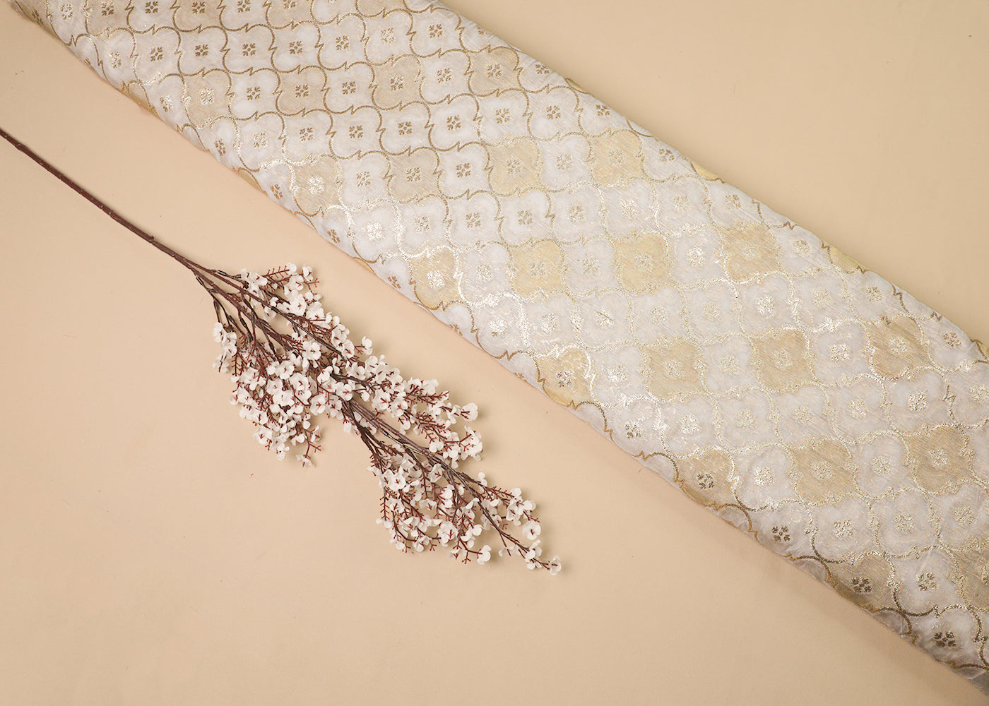 White Organza Fabric With All Over Zari Handloom 16922
