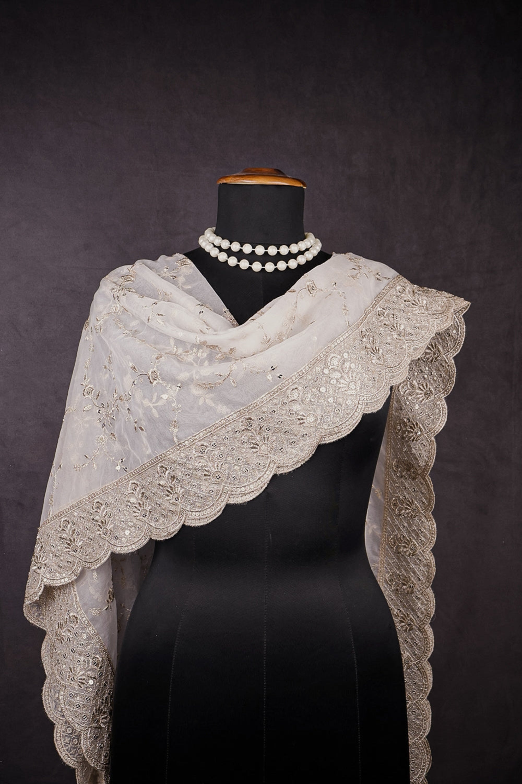 White Dyeable Organza Dupatta With All Over Zari And Sequins Work 16932