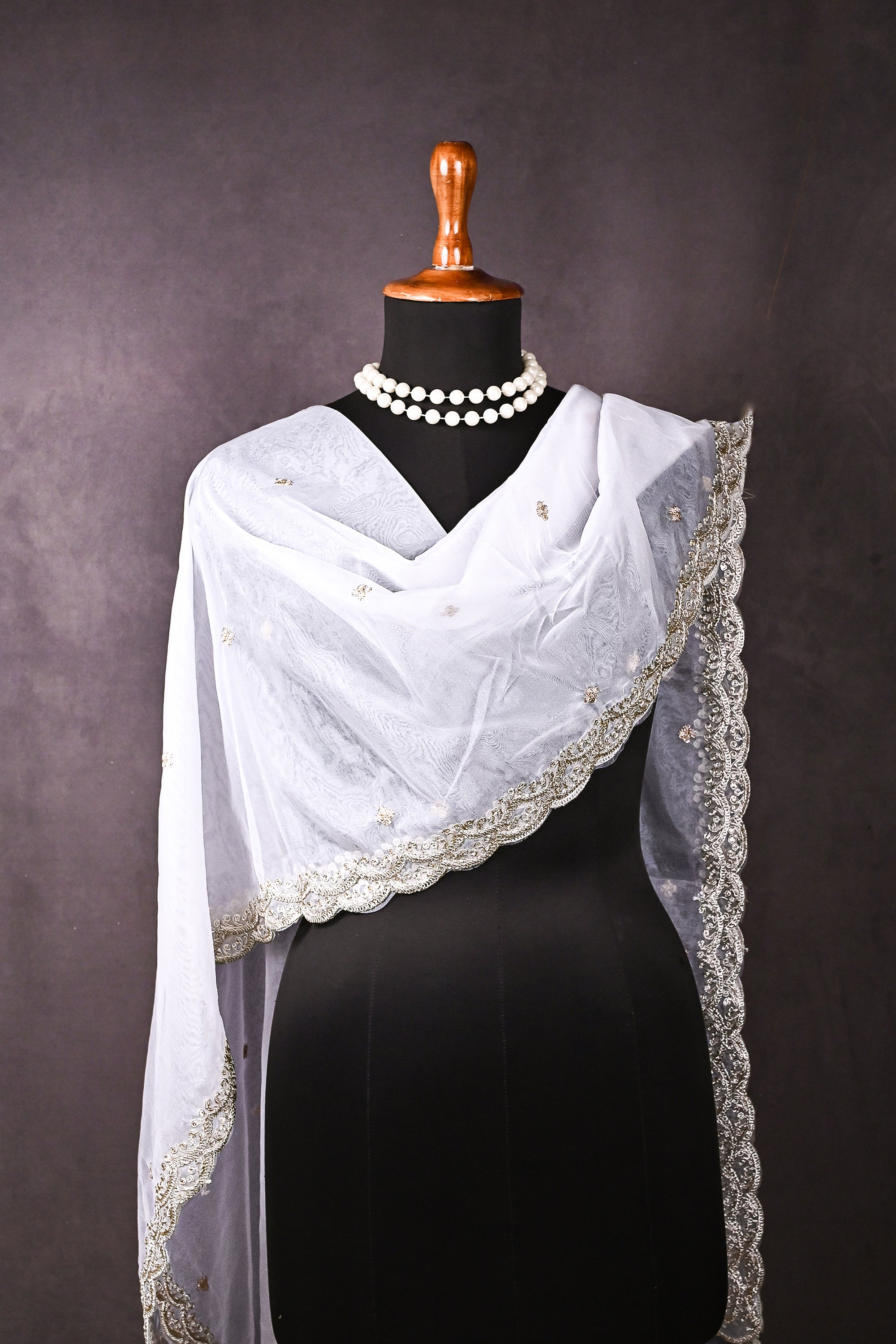 White Dyeable Organza Dupatta All Over Zari And Sequins Work 16933