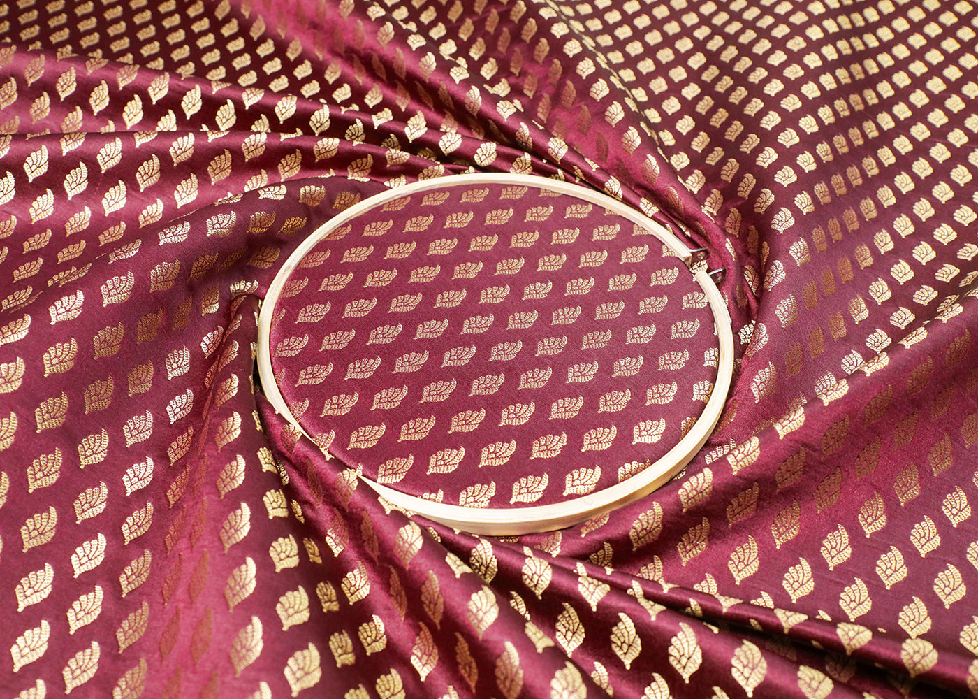 Wine Banarasi Brocade Fabric With All Over Thread And Golden Zari Handloom 16934