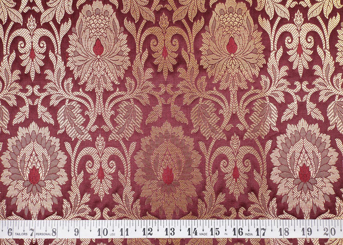 Deep Maroon Banarasi Brocade Fabric With All Over Thread And Golden Zari Handloom 16948