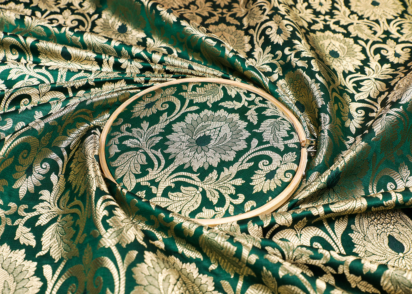 Green Banarasi Brocade Fabric With All Over Thread And Golden Zari Handloom 16950