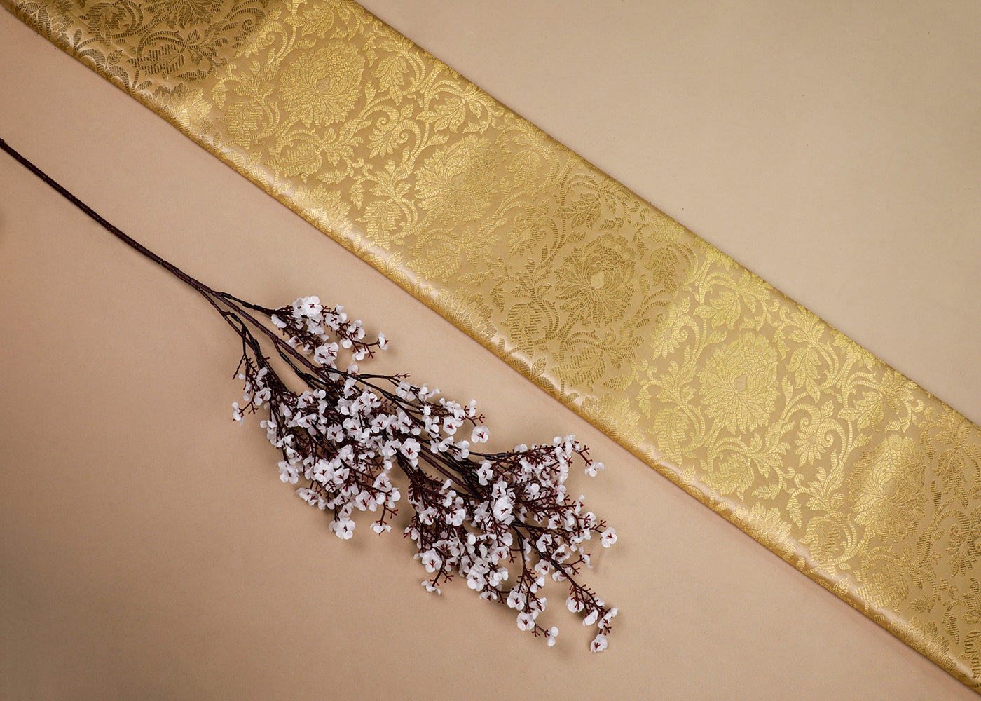 Golden Banarasi Brocade Fabric With All Over Thread And Golden Zari Handloom 16951