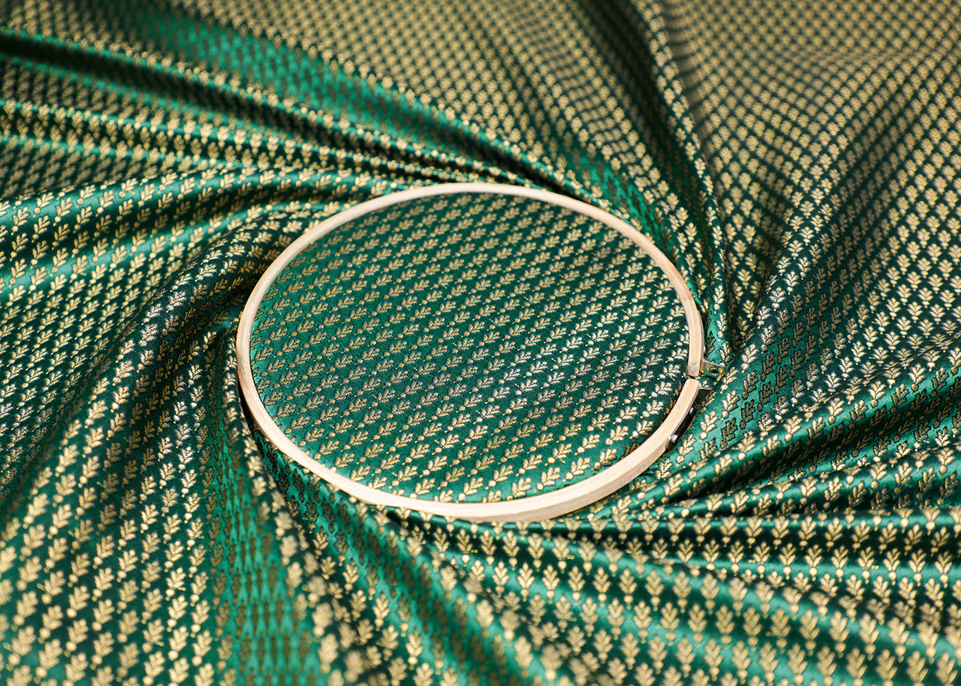Bottle Green Banarasi Brocade Fabric With All Over Golden Zari Handloom 16954