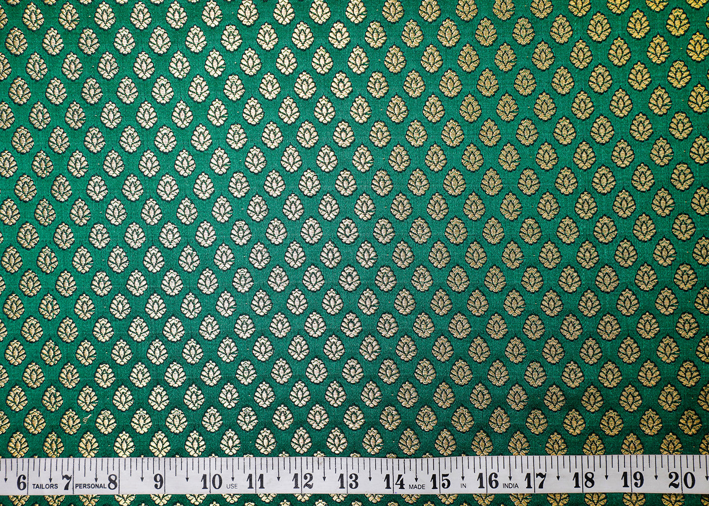 Green Banarasi Brocade Fabric With All Over Golden Zari Handloom 16967