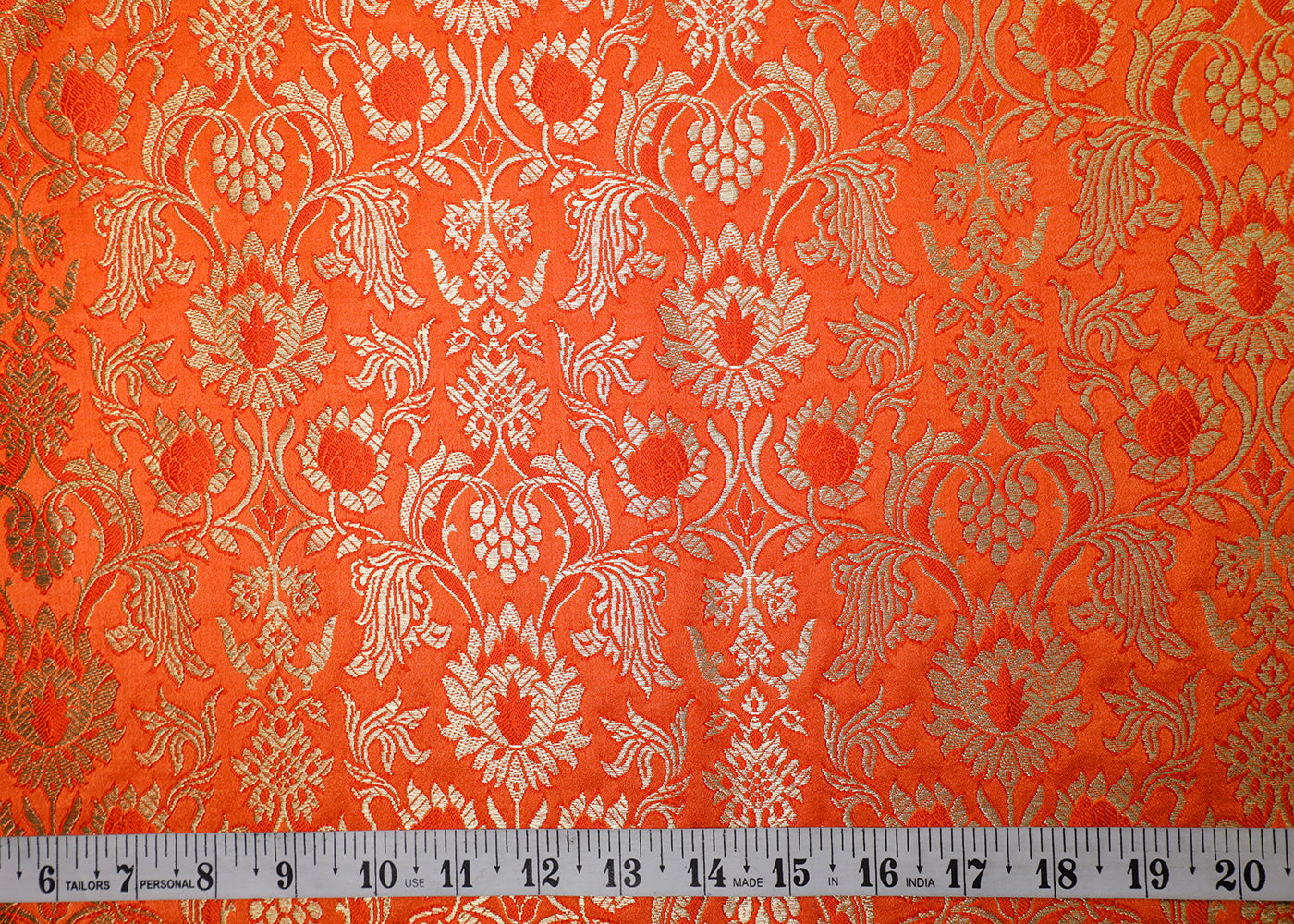 Orange Banarasi Brocade Fabric With All Over Thread And Golden Zari Handloom 16972
