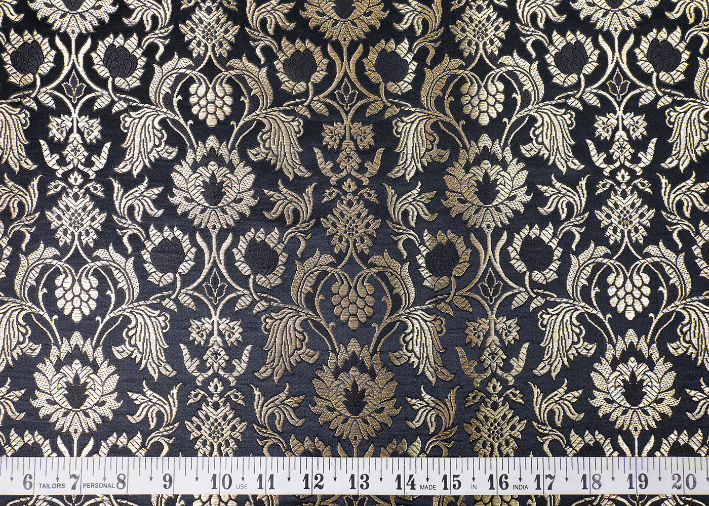 Black Banarasi Brocade Fabric With All Over Thread And Golden Zari Handloom 16976