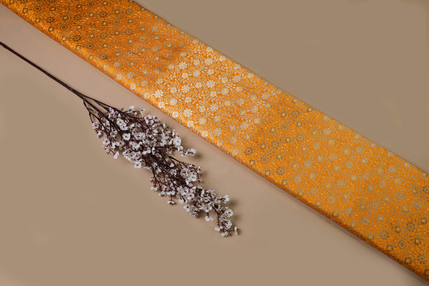 Mustard Banarasi Brocade Fabric With All Over Golden Zari Handloom 16978