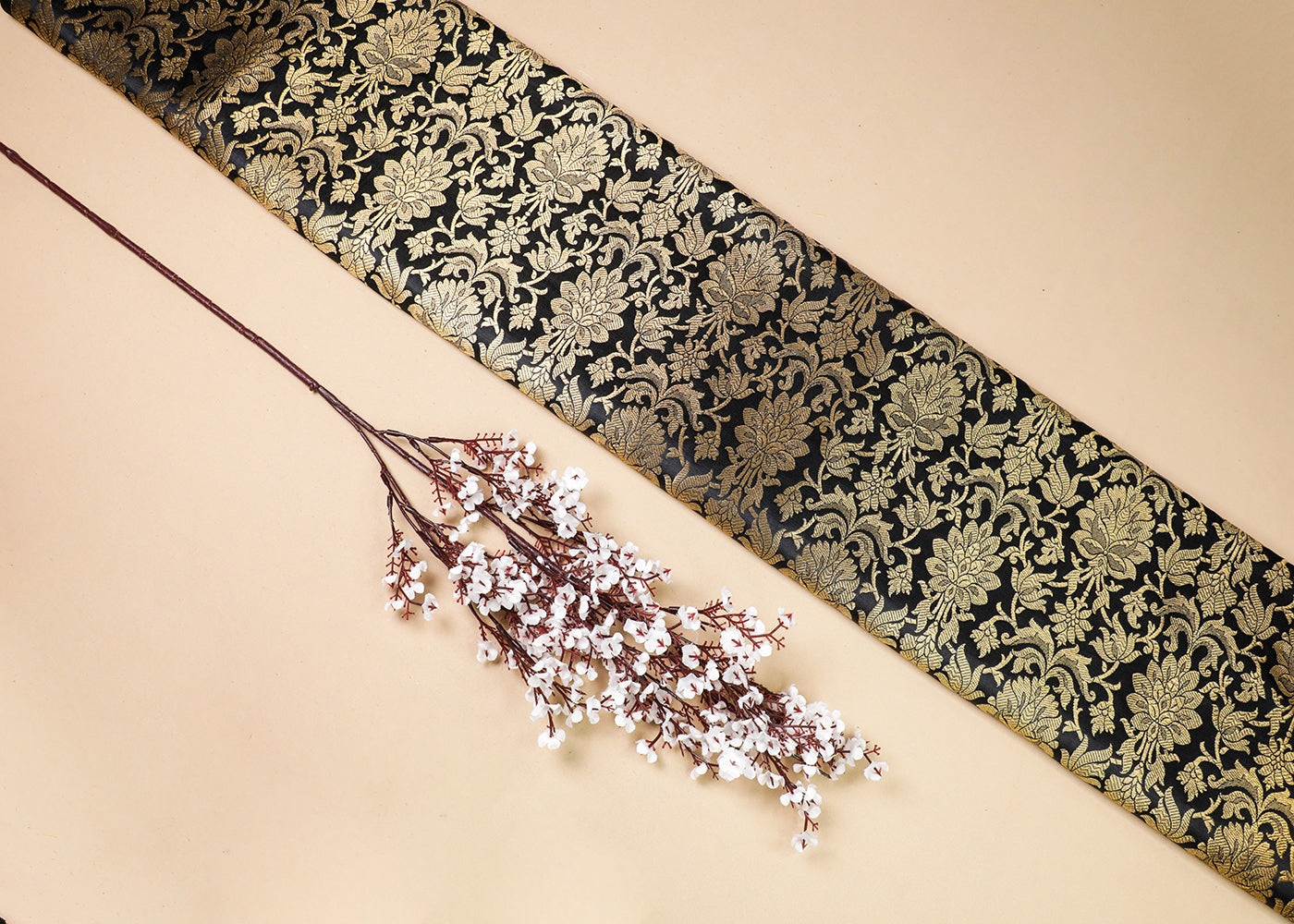 Black Banarasi Brocade Fabric With All Over Golden Zari Handloom  16982