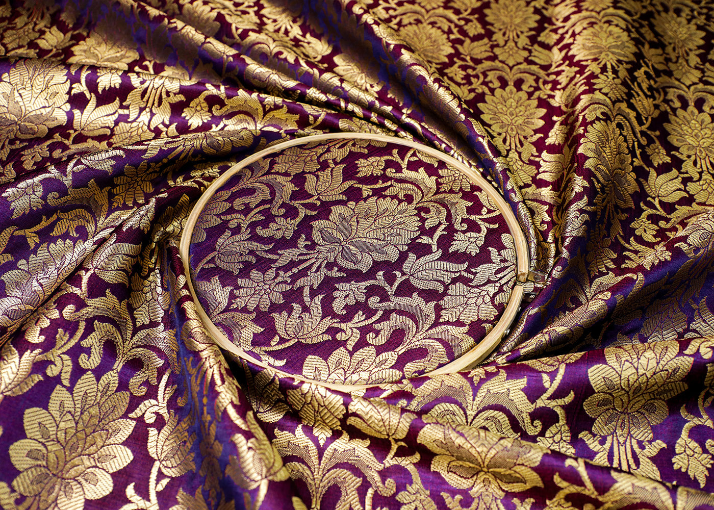 Purple Banarasi Brocade Fabric With All Over Golden Zari Handloom 16987