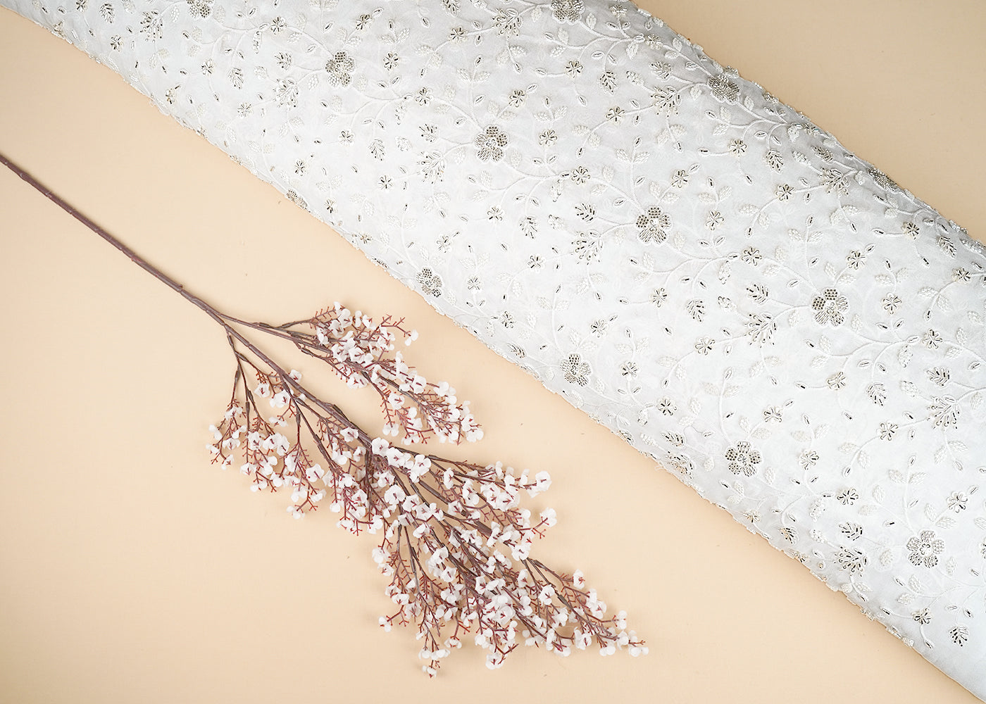 White Georgette Fabric With All Over Bead, Katdana, Sequins And Thread Work 16993