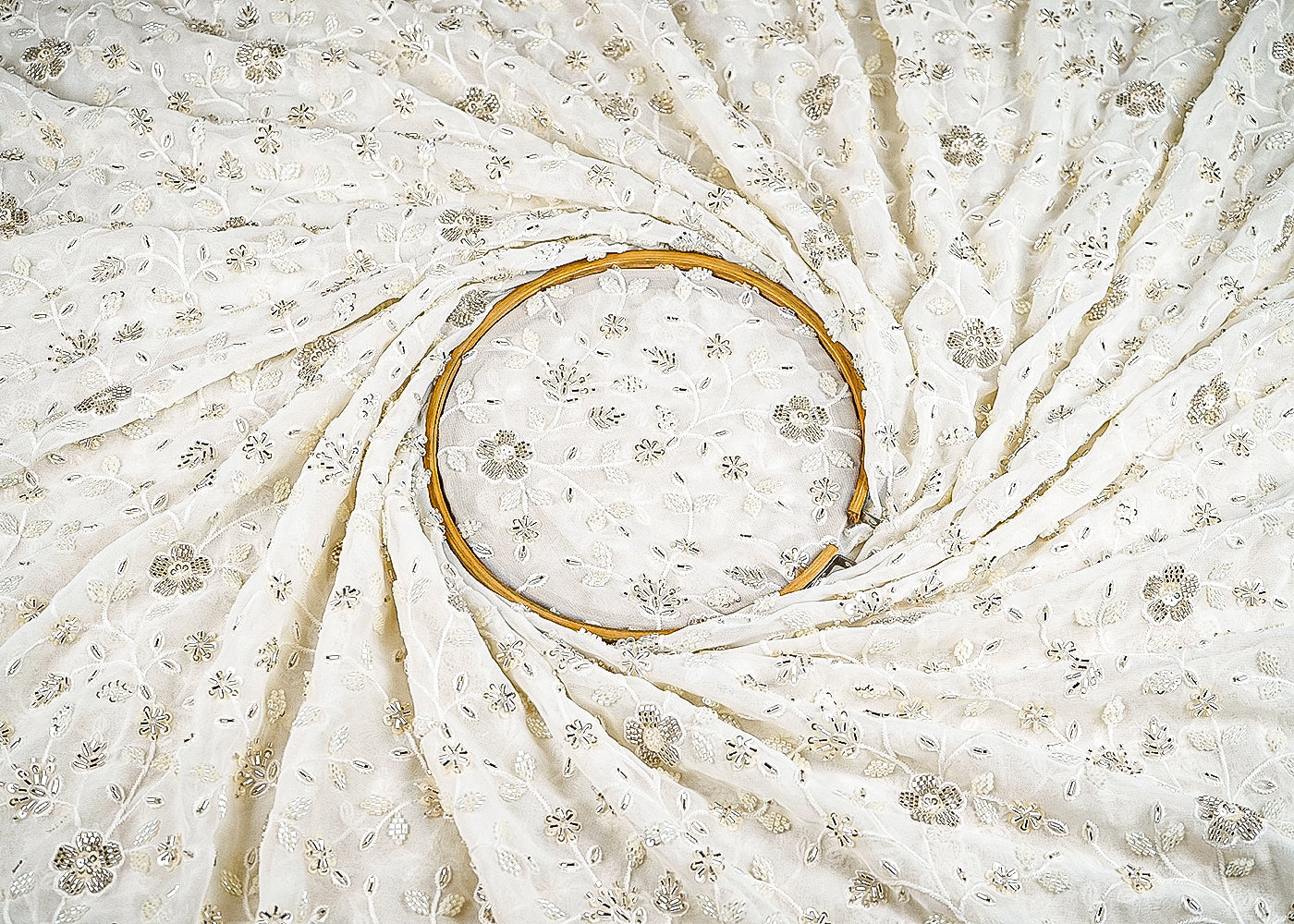 White Georgette Fabric With All Over Bead, Katdana, Sequins And Thread Work 16993