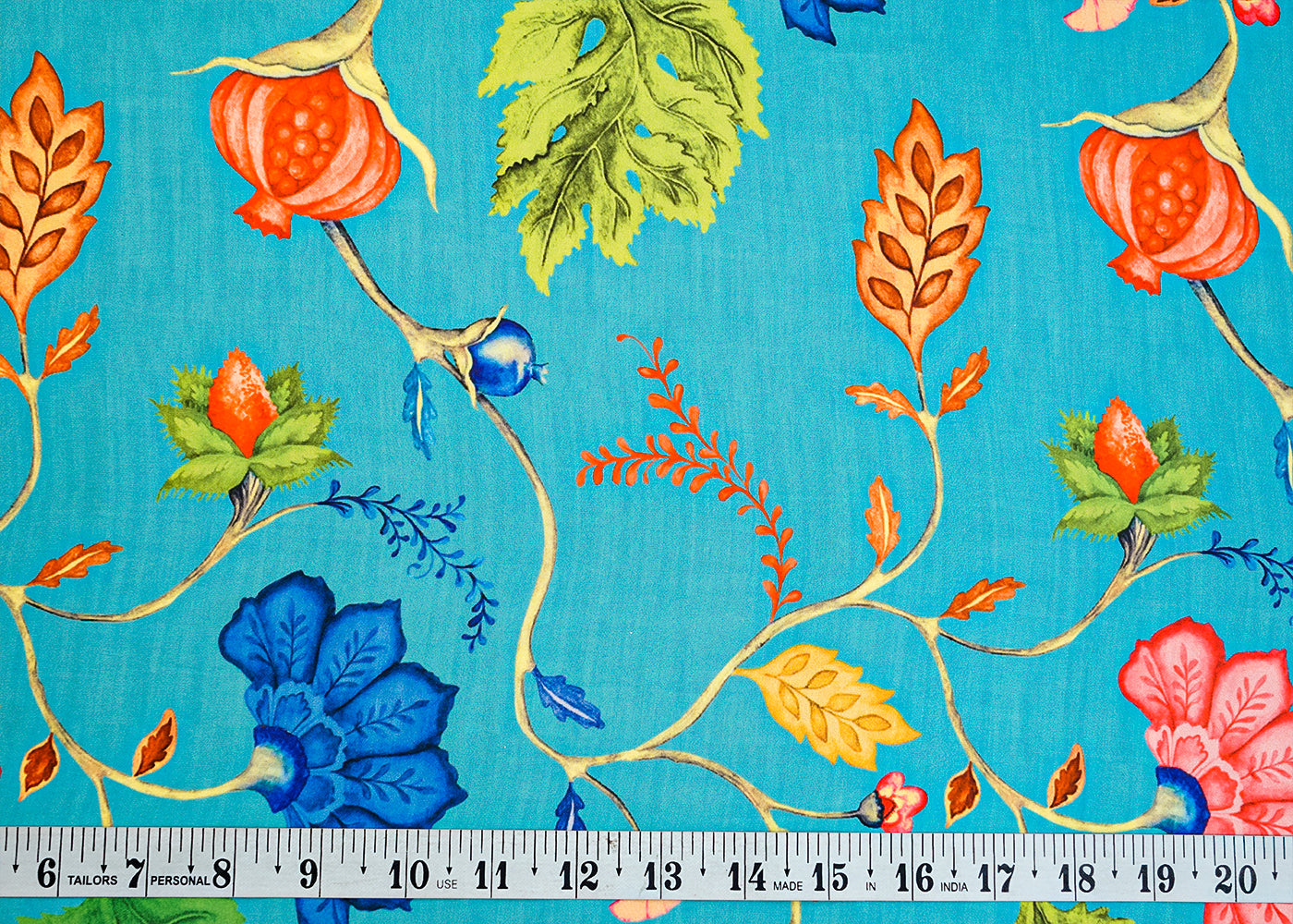 Sky Blue Georgette Satin Fabric with All Over Traditional Print 17046