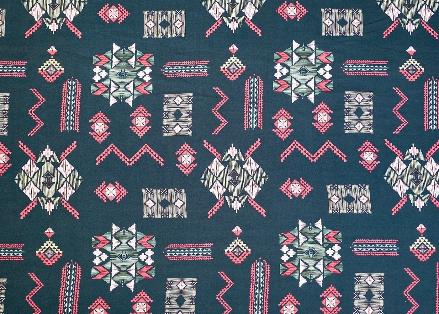 Peacock Blue Georgette Satin Fabric with All Over Geometric Print 17081