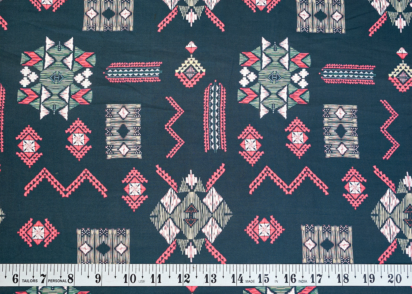 Peacock Blue Georgette Satin Fabric with All Over Geometric Print 17081