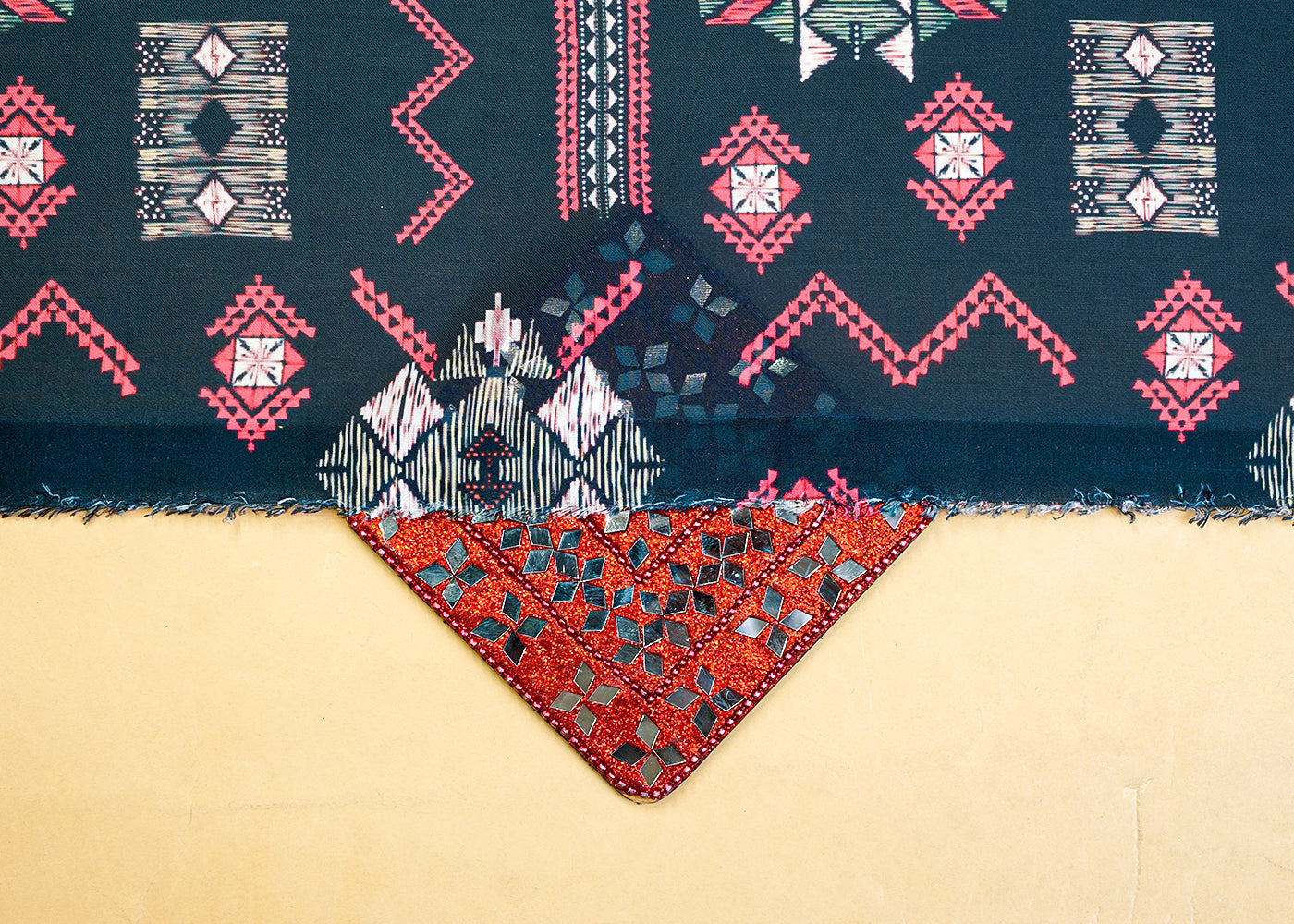 Peacock Blue Georgette Satin Fabric with All Over Geometric Print 17081