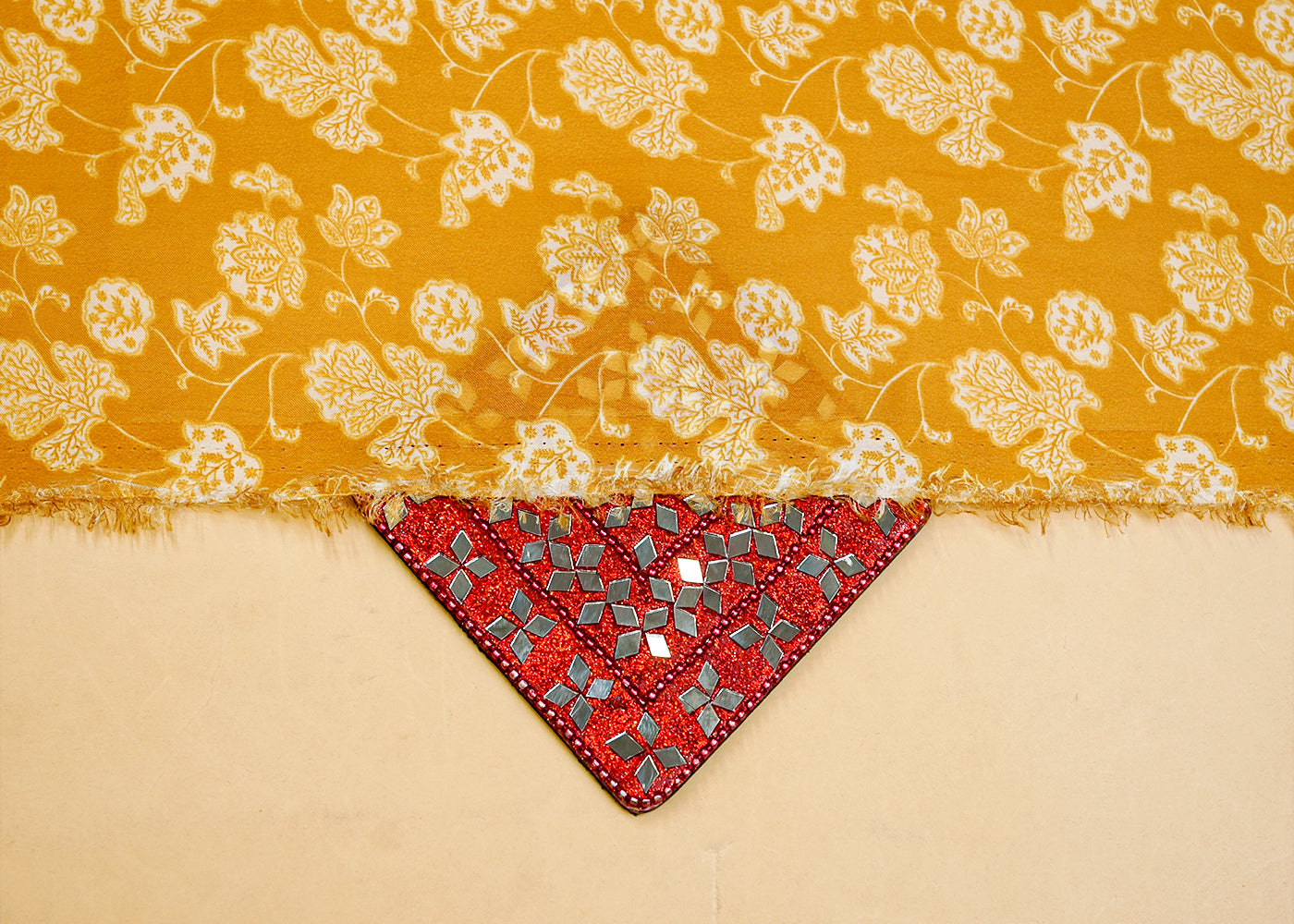 Mustard Georgette Satin Fabric with All Over Traditional Print 17085
