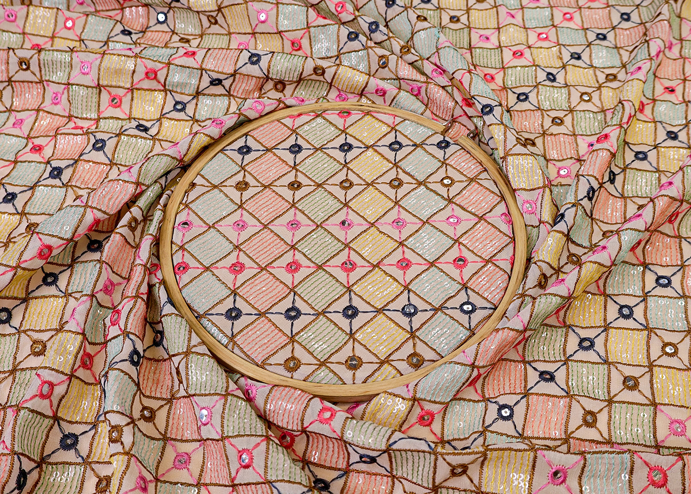 (Pre-Cut 1.8MTR) Georgette Fabric with Allover Thread and Sequins Work 17501