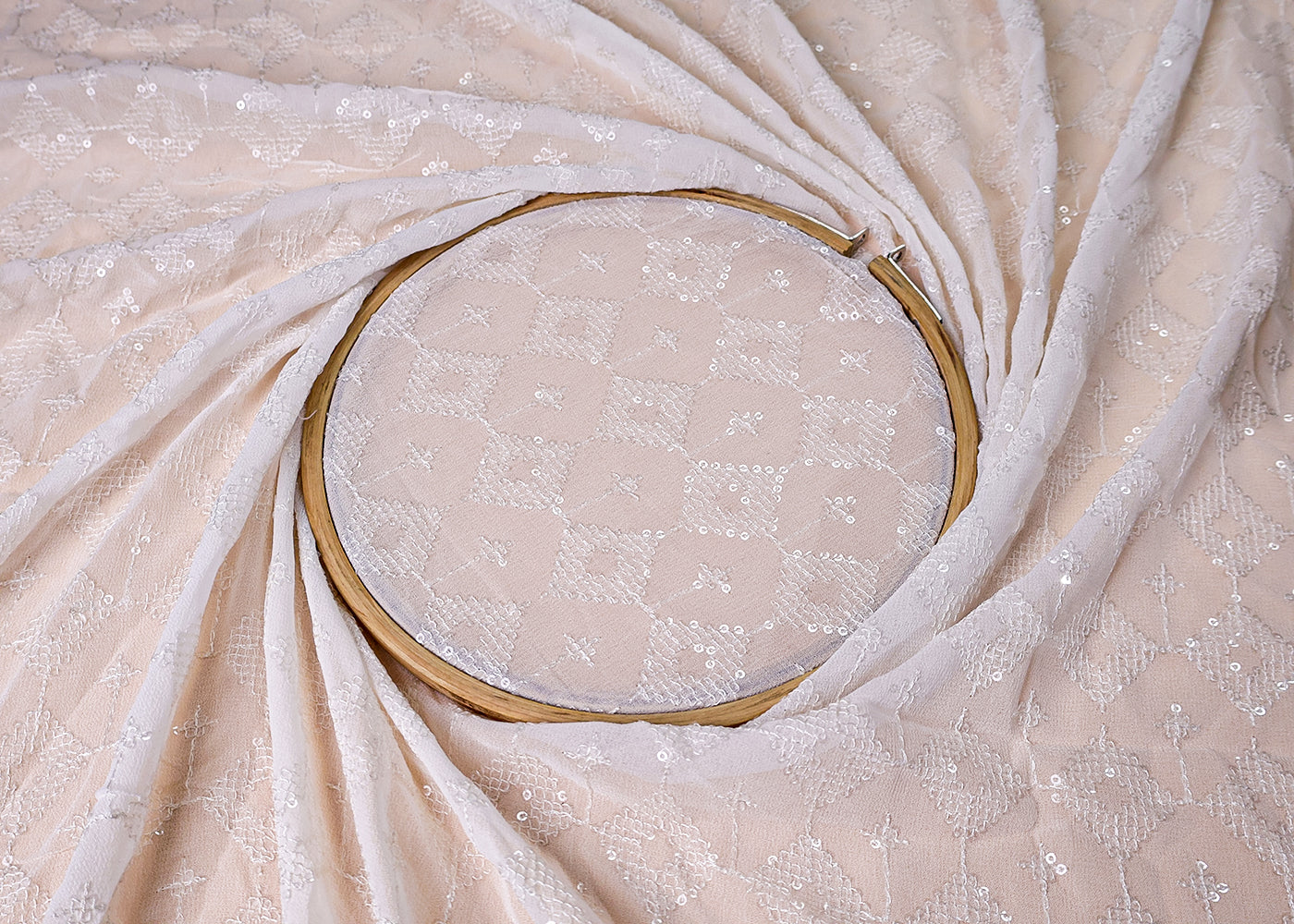 (Pre-Cut 2.65MTR) White Georgette Fabric with All-Over Sequins and Thread Work White Georgette Fabric with All-Over Sequins and Thread Work 17506
