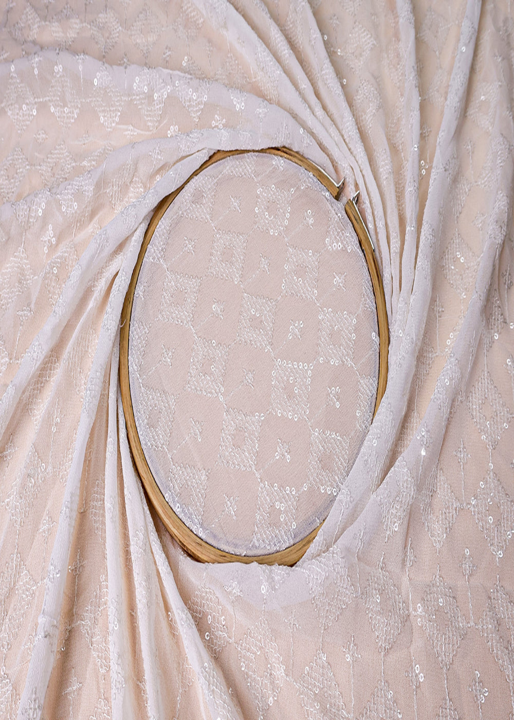 (Pre-Cut-2.65MTR)-White-Georgette-Fabric-with-Sequins-&-Thread-17506