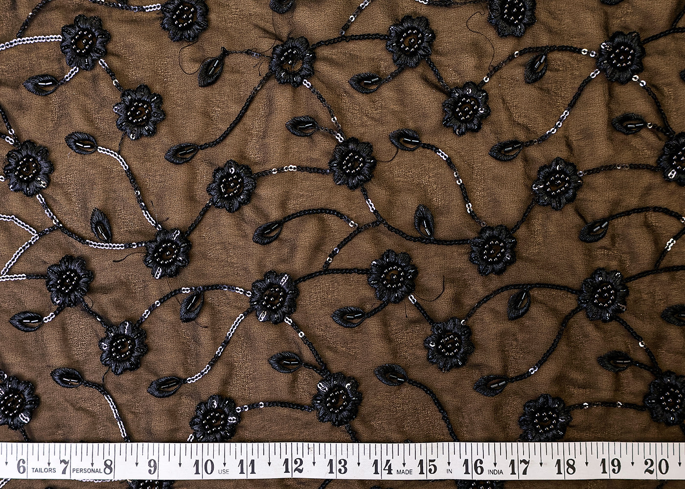 (Pre-Cut 3.25MTR) Black Georgette Fabric with All-Over Strips of Sequins, Kutdana and Bead Work Black Georgette Fabric with All-Over Strips of Sequins, Kutdana and Bead Work 17508