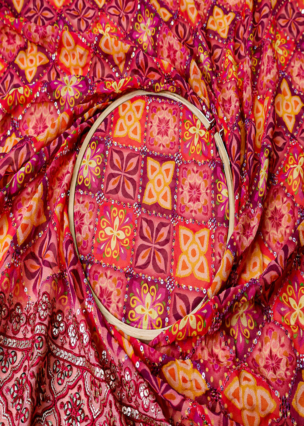 (Pre-Cut-4.4MTR)-Peach-Georgette-Fabric-with-Thread-&-Sequins-17512