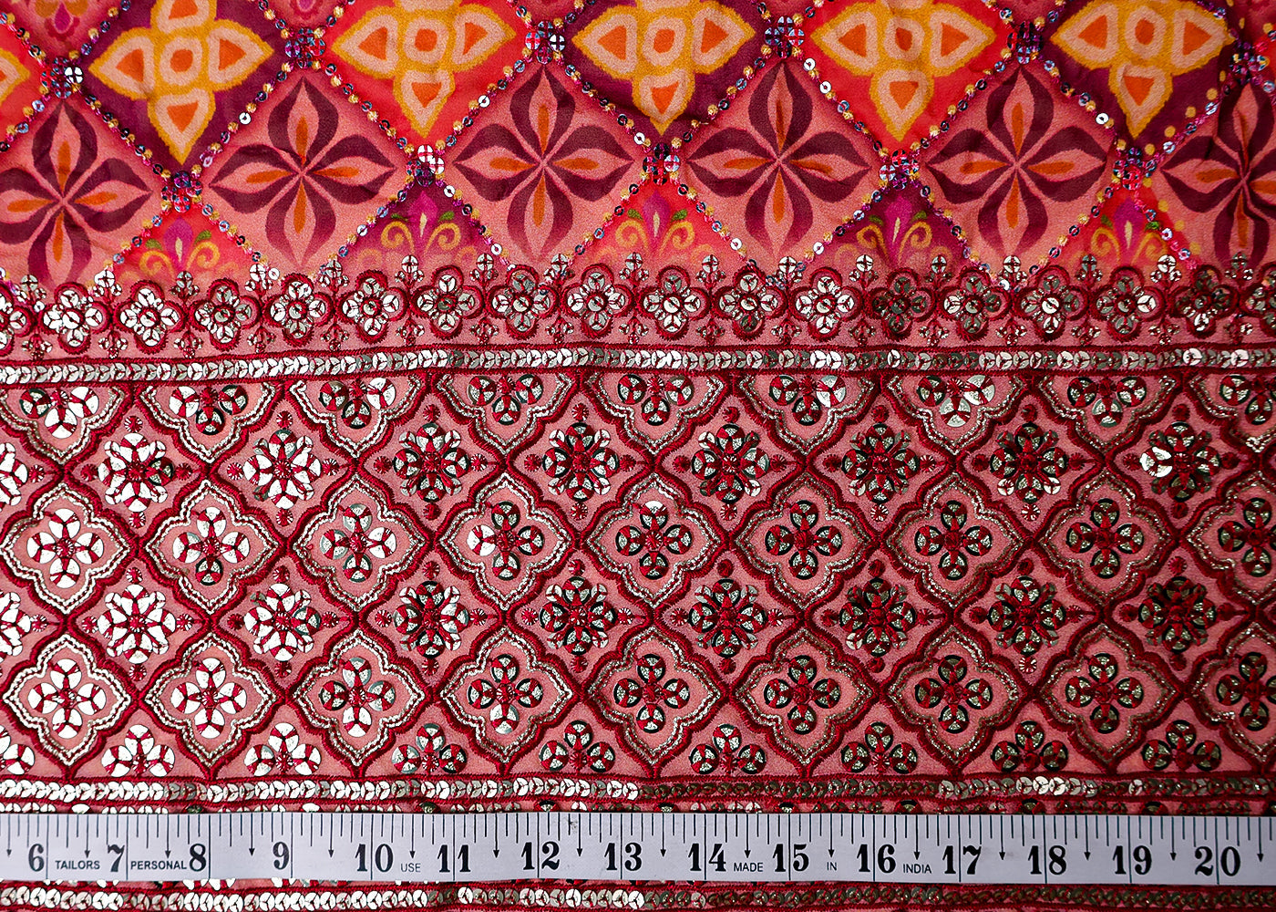 (Pre-Cut 4.4MTR) Peach Georgette Printed Fabric with Thread And Sequins Work Peach Georgette Printed Fabric with Thread And Sequins Work 17512