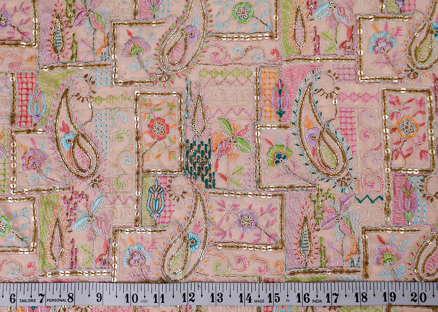 (Pre-Cut 3.7MTR) Peach Georgette Fabric with All-Over Sequins and Thread Work Peach Georgette Fabric with All-Over Sequins and Thread Work 17516