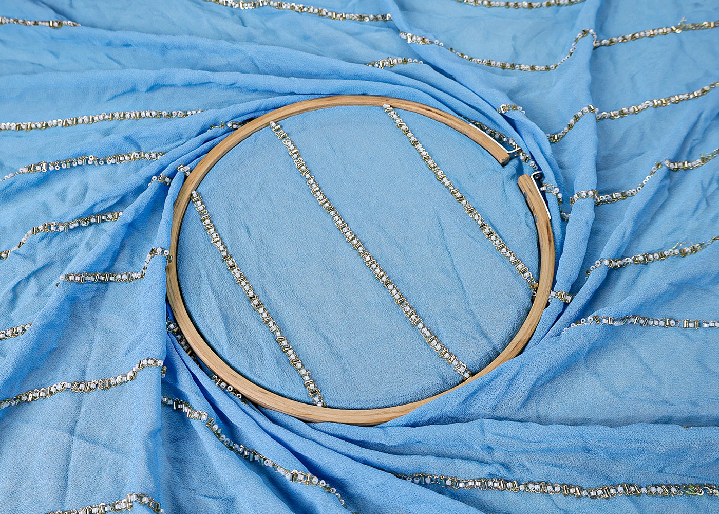 (Pre-Cut 3.1MTR) Blue Georgette Fabric with All-Over Strips of Sequins, Kutdana and Bead Work Blue Georgette Fabric with All-Over Strips of Sequins, Kutdana and Bead Work 17523