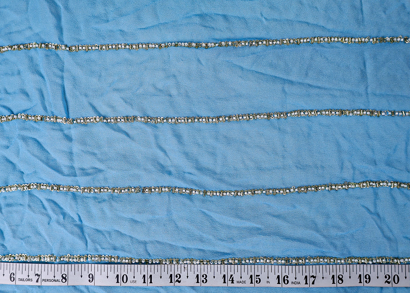 (Pre-Cut 3.1MTR) Blue Georgette Fabric with All-Over Strips of Sequins, Kutdana and Bead Work Blue Georgette Fabric with All-Over Strips of Sequins, Kutdana and Bead Work 17523