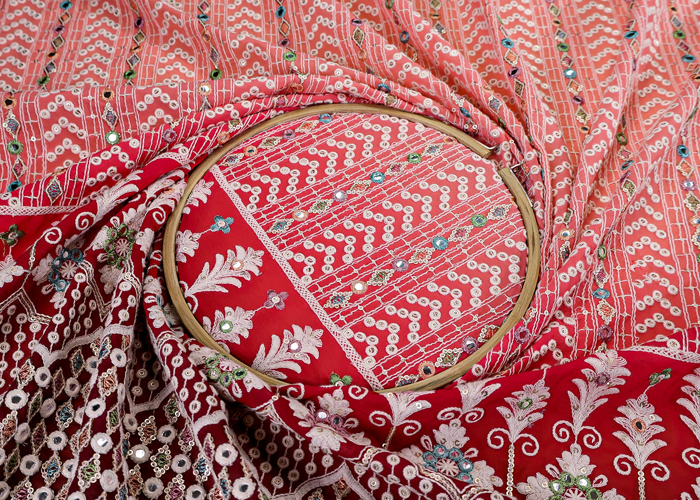 (Pre-Cut 4MTR) Peach-Brown Georgette Ombre Fabric with All-Over Sequins, Faux Mirror and Thread Work Peach-Brown Georgette Ombre Fabric with All-Over Sequins, Faux Mirror and Thread Work 17525