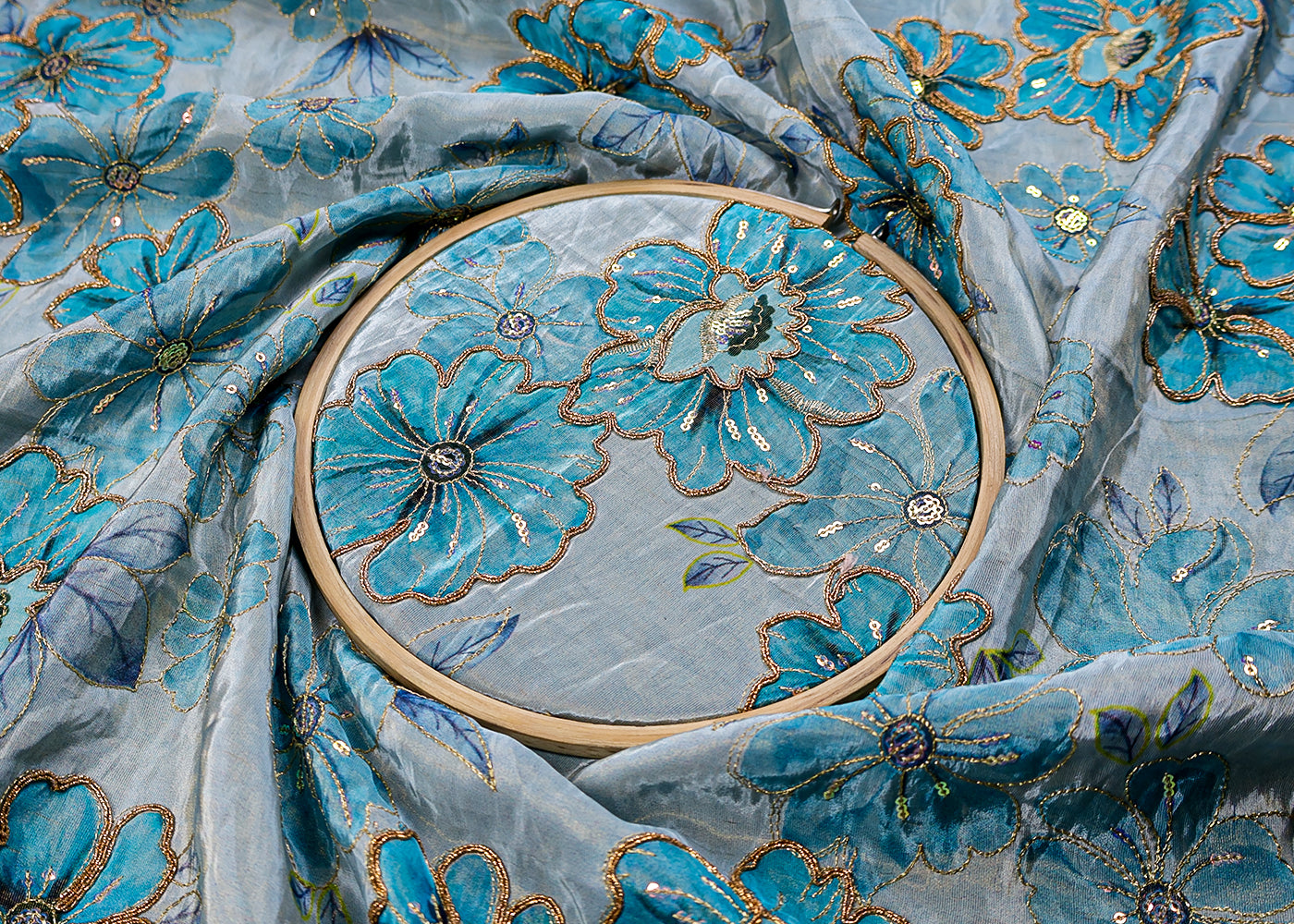(Pre-Cut 3.8 MTR) Crepe Printed Fabric With Allover Thread And Sequins Work 17564