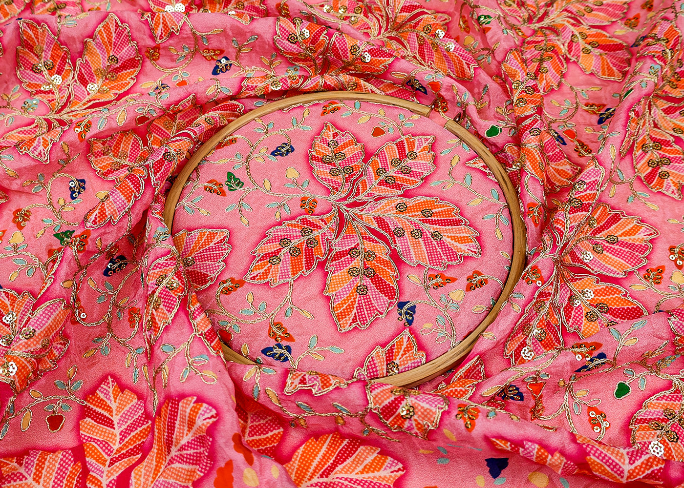 (Pre-Cut 4.5MTR) Crepe Printed Fabric with Allover Thread and Sequins Work 17570
