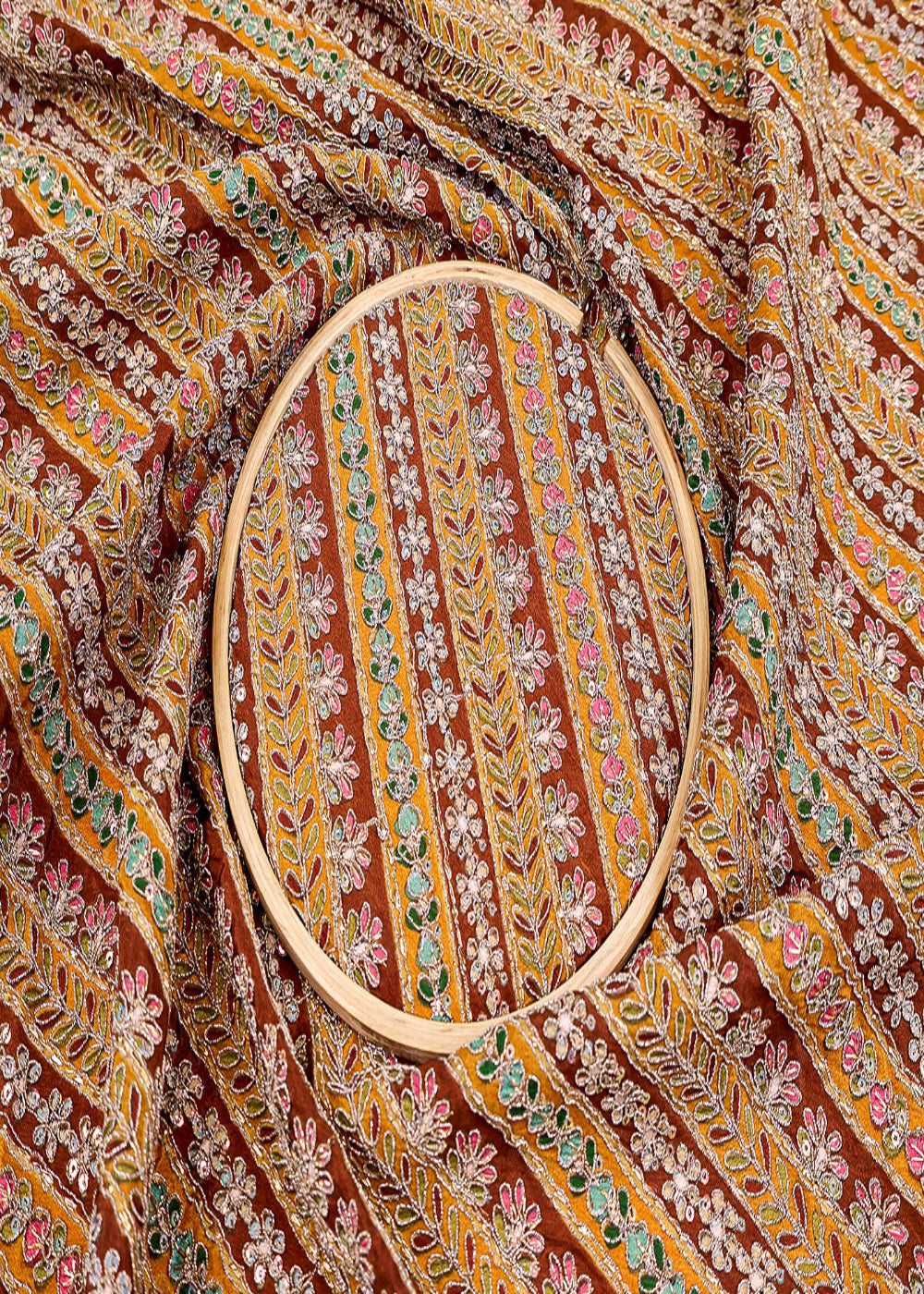 (Pre-Cut-1.45MTR)-Brown-Crepe-Printed-Fabric-with-Allover-Thread-and-Sequins-Work-17571
