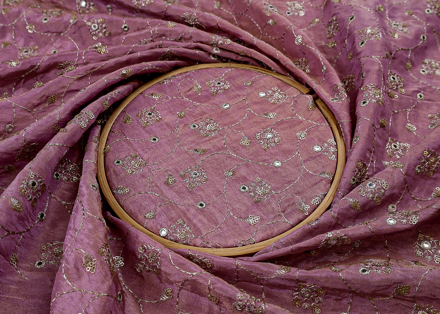 (Pre-Cut 4.4 MTR) Tissue Fabric With Allover Thread And Sequins Work 17573
