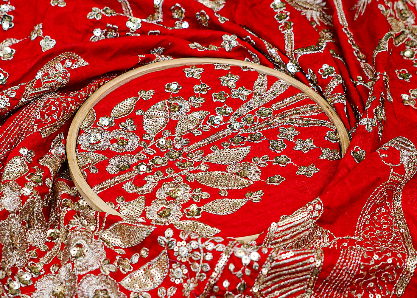 (Pre-Cut 1MTR) Dola Silk Fabric with Allover Thread and Sequins Work with Border 17591