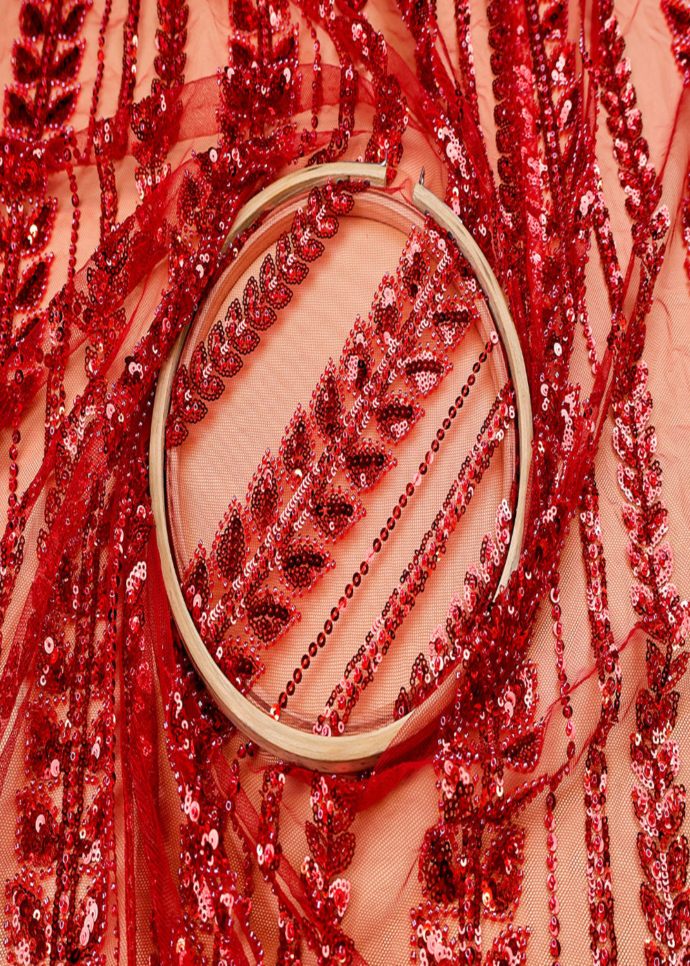 (Pre-Cut-1-MTR)-Red-Imported-Net-Fabric-With-All-Over-Sequins-Work-17604
