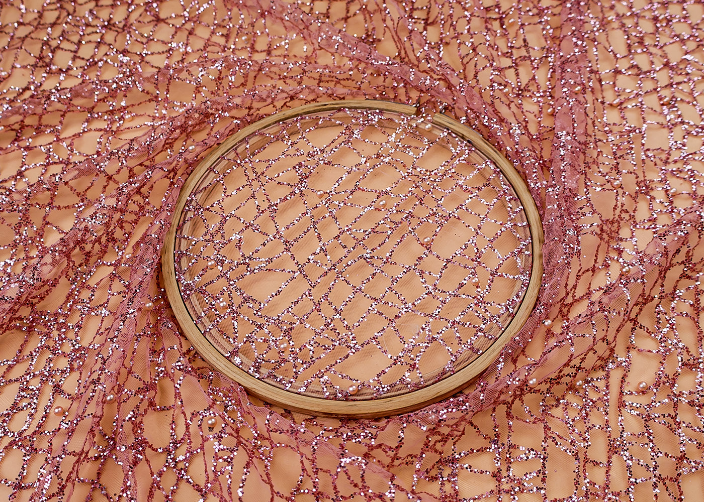 (Pre-Cut 1.3 MTR) Imported Net Fabric With All Over Gliter And Pearl Work 17609