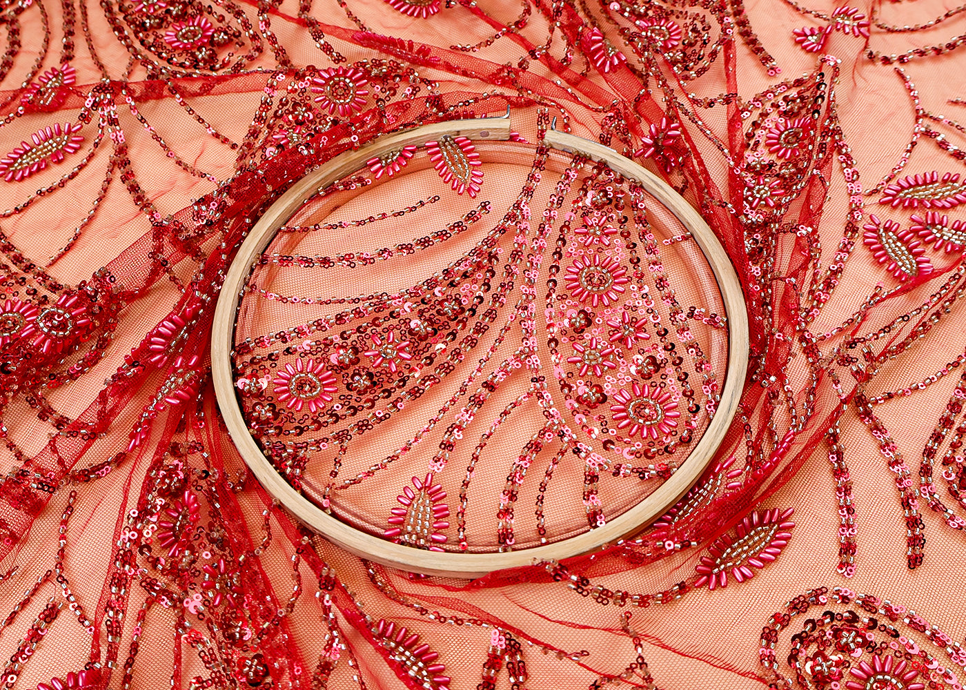 (Pre-Cut 0.85 MTR) Red Imported Net Fabric With All Over Bead And Sequins Work 17611