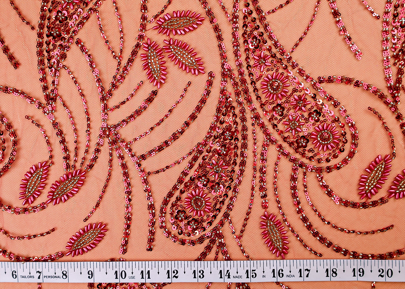 (Pre-Cut 0.85 MTR) Red Imported Net Fabric With All Over Bead And Sequins Work 17611